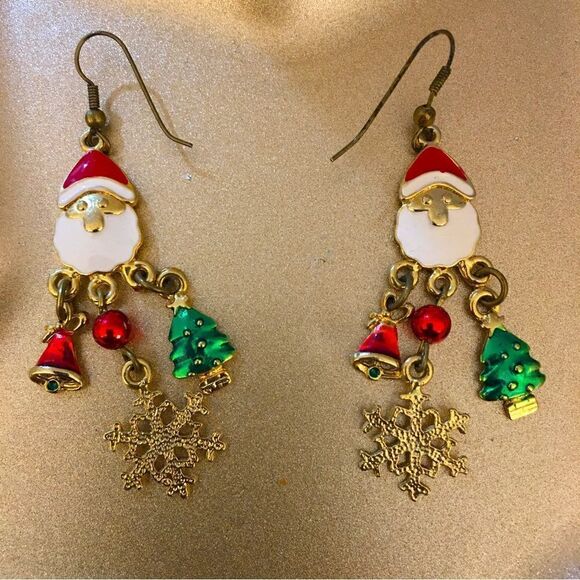 Rare 60s vintage Enamel Santa dangle Earrings with Snowflake tips - Picture 2 of 5